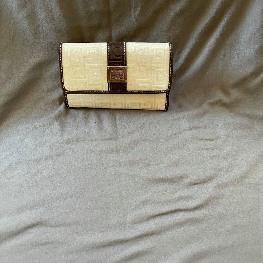 Liz Claiborne cream and brown trifold wallet